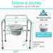 Comprehensive view of a commode chair with measurements and features highlighted.