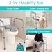 3-in-1 mobility aid product showing toilet riser, safety rail, and folding commode with text indicating support weight.