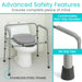 Bathroom safety frame with toilet seat attachment, highlighting features like comfortable non-slip handles and no slip tips.