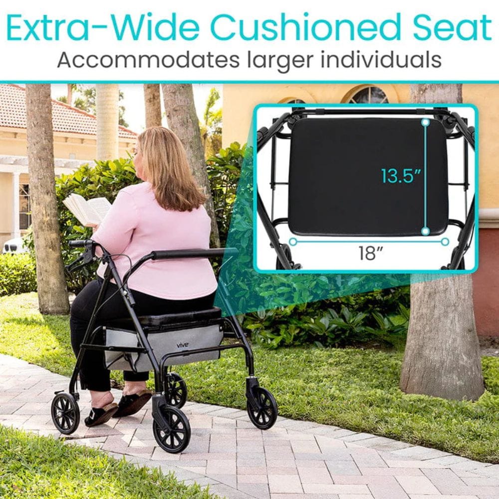 Woman using a rollator with an extra-wide cushioned seat, outdoors.