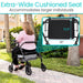 Woman using a rollator with an extra-wide cushioned seat, outdoors.