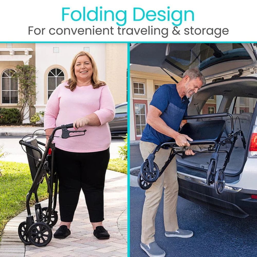 Woman pushing a folded walking aid on a sidewalk and a man loading a folded bike into a car trunk.