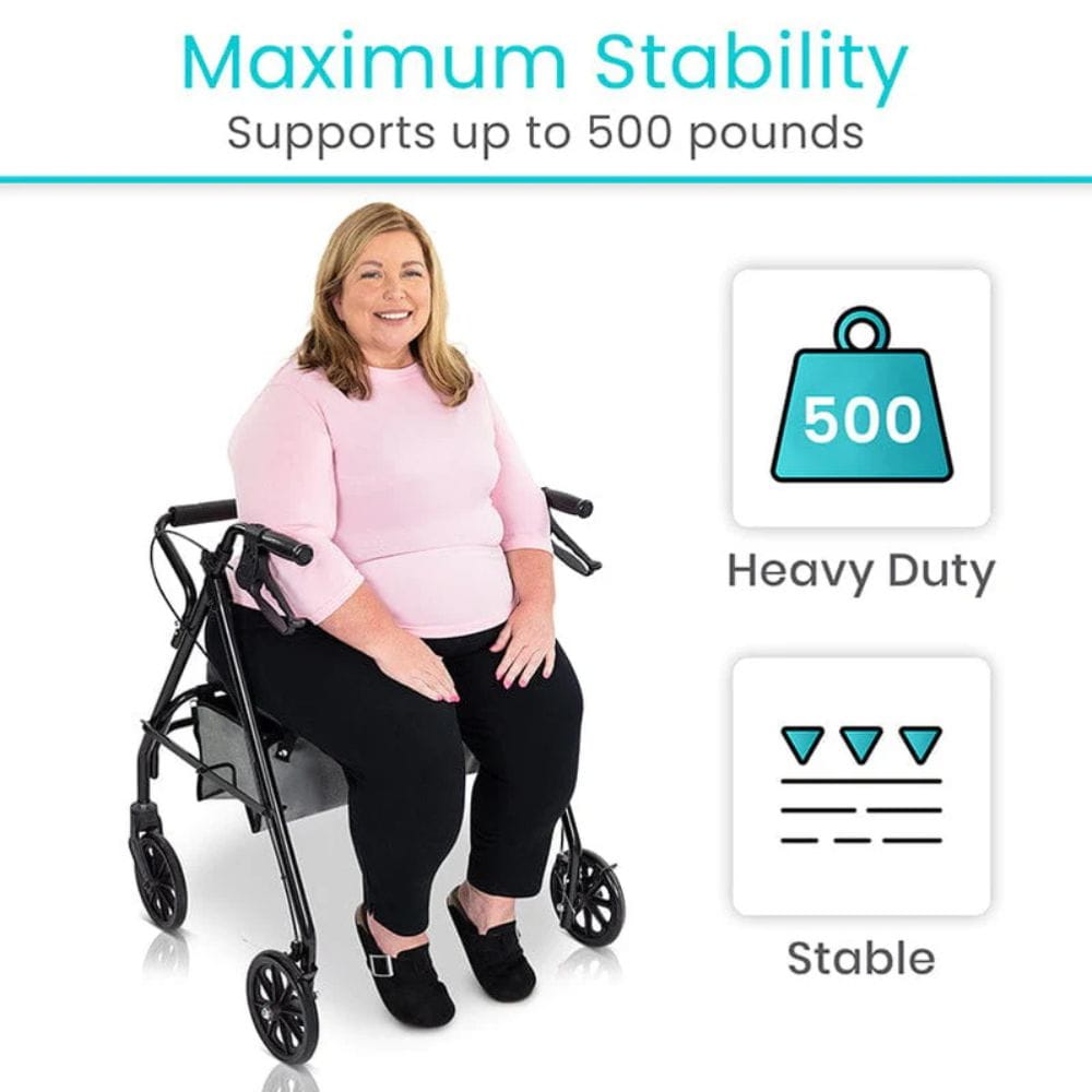 Woman using a heavy-duty wheelchair with text highlighting stability and weight capacity.