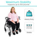 Woman using a heavy-duty wheelchair with text highlighting stability and weight capacity.