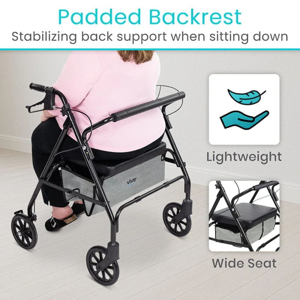 Person using a walker with a padded backrest, highlighting features like stability, weight, and seat width.