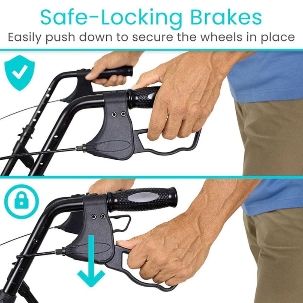 Person using safe-locking brakes on a bike with text explaining its function.