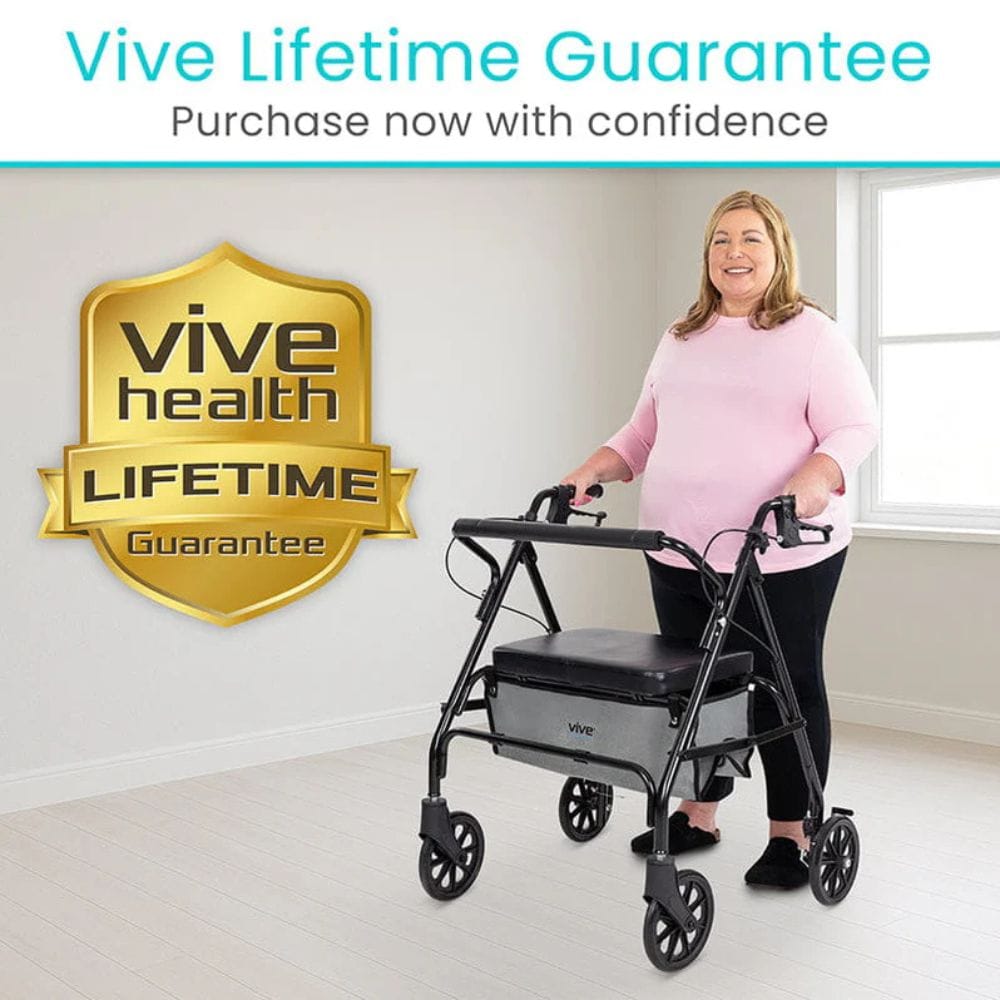 Woman using a Vive Health walker with a lifetime guarantee badge in the background.