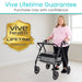 Woman using a Vive Health walker with a lifetime guarantee badge in the background.