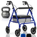 Blue walker with a seat next to a gray kettlebell labeled '500 LB Capacity' on a white background