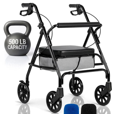 Black walker with a seat and a kettlebell labeled '500 LB Capacity' on a white background