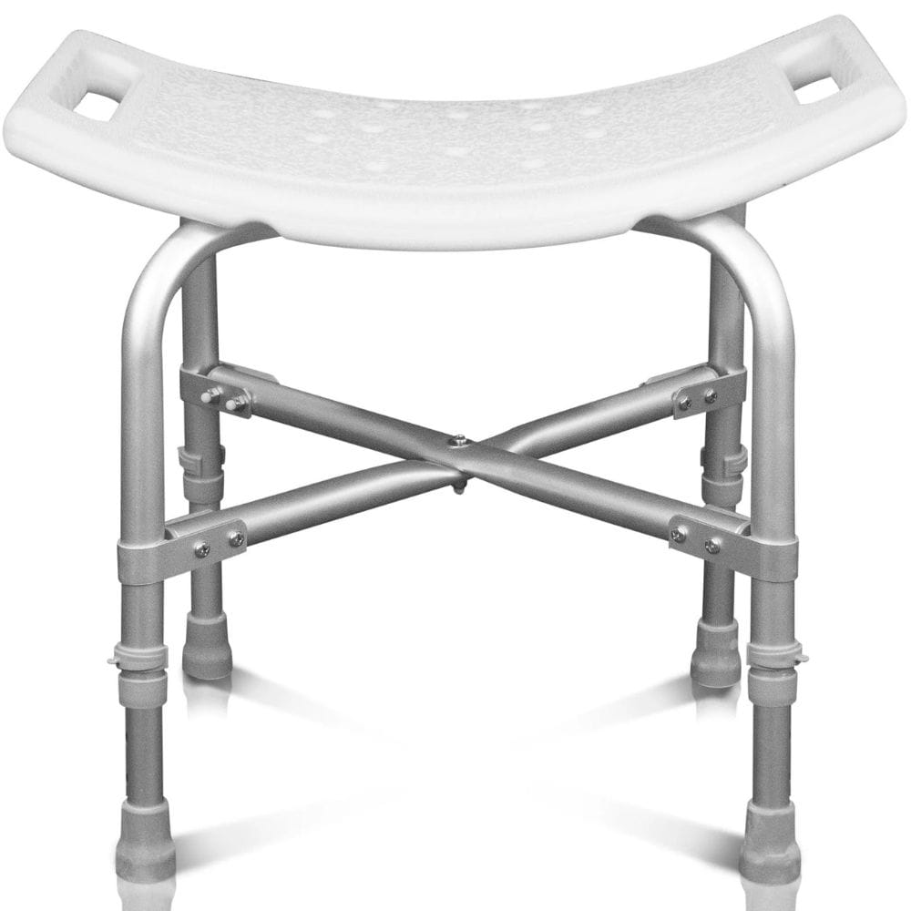 White shower stool with metal frame on a white background