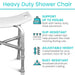 Heavy-duty shower chair with features listed on a white background