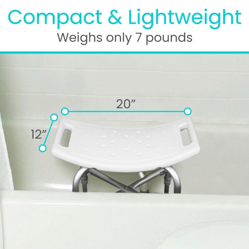 White shower seat with measurements and text indicating compactness and weight on a tiled bathroom wall background.