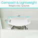 White shower seat with measurements and text indicating compactness and weight on a tiled bathroom wall background.