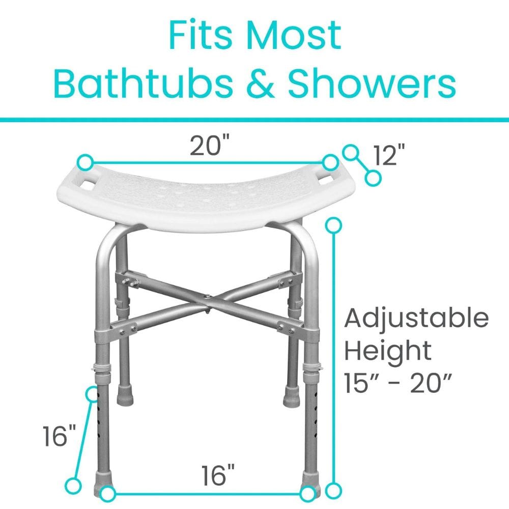 White shower bench with adjustable height measurements on a white background