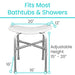 White shower bench with adjustable height measurements on a white background