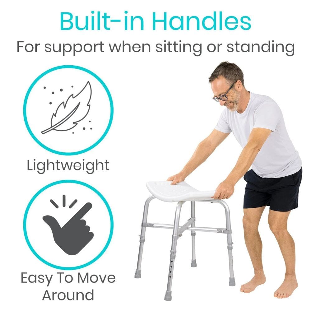 Man using a stool with built-in handles, highlighting features like support, light weight, and ease of movement.