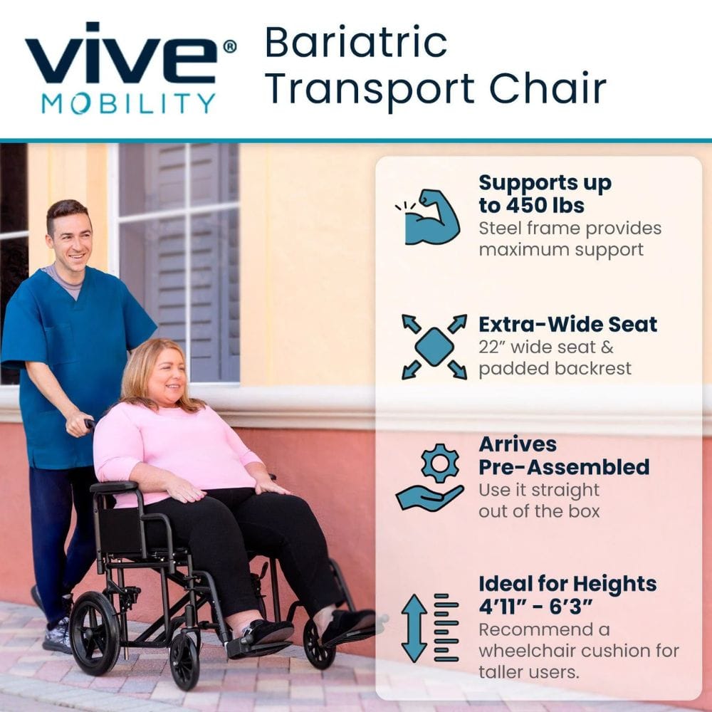 Vive Mobility bariatric transport chair with user and caregiver outdoors.