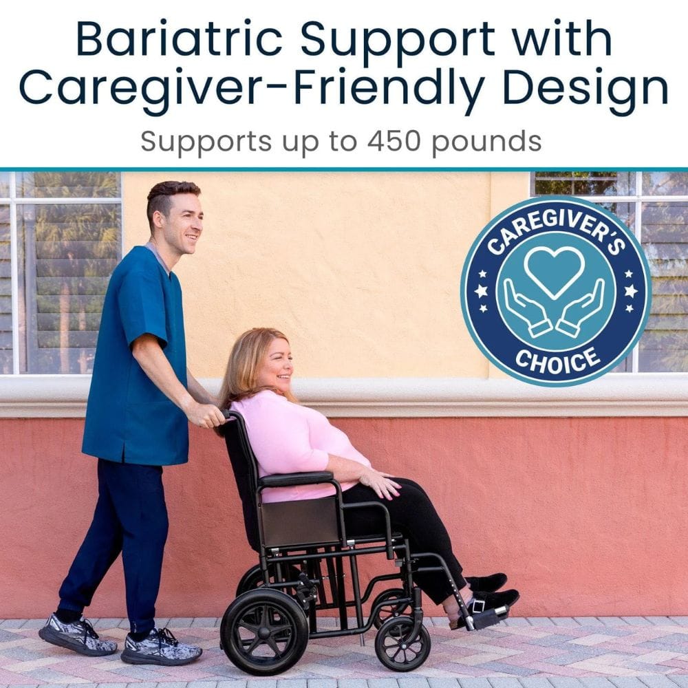 Person pushing a woman in a wheelchair with text about bariatric support and caregiver-friendly design.