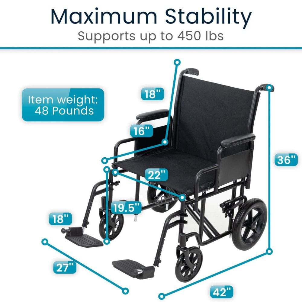 Wheelchair with measurements and weight capacity details on a white background