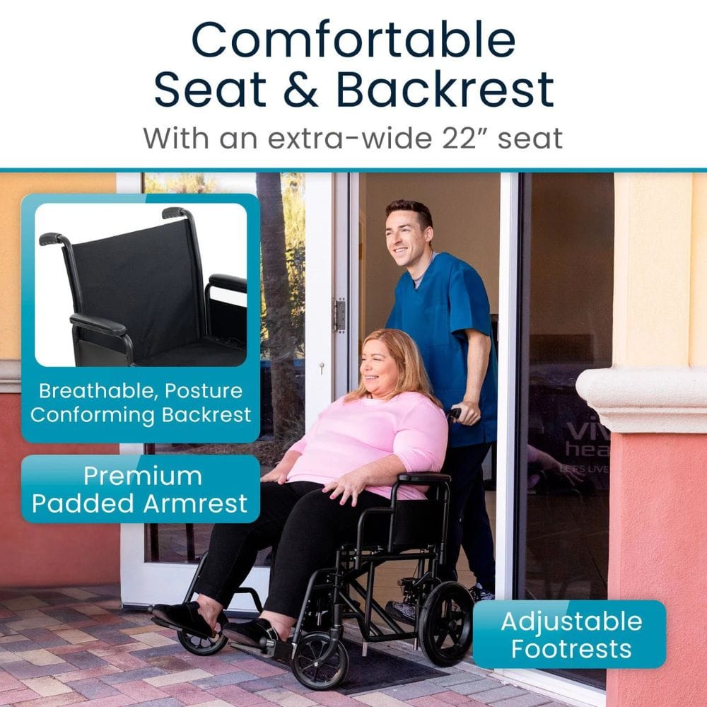 Person using a wheelchair with text highlighting features like an extra-wide seat, breathable backrest, and adjustable footrests.