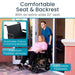 Person using a wheelchair with text highlighting features like an extra-wide seat, breathable backrest, and adjustable footrests.