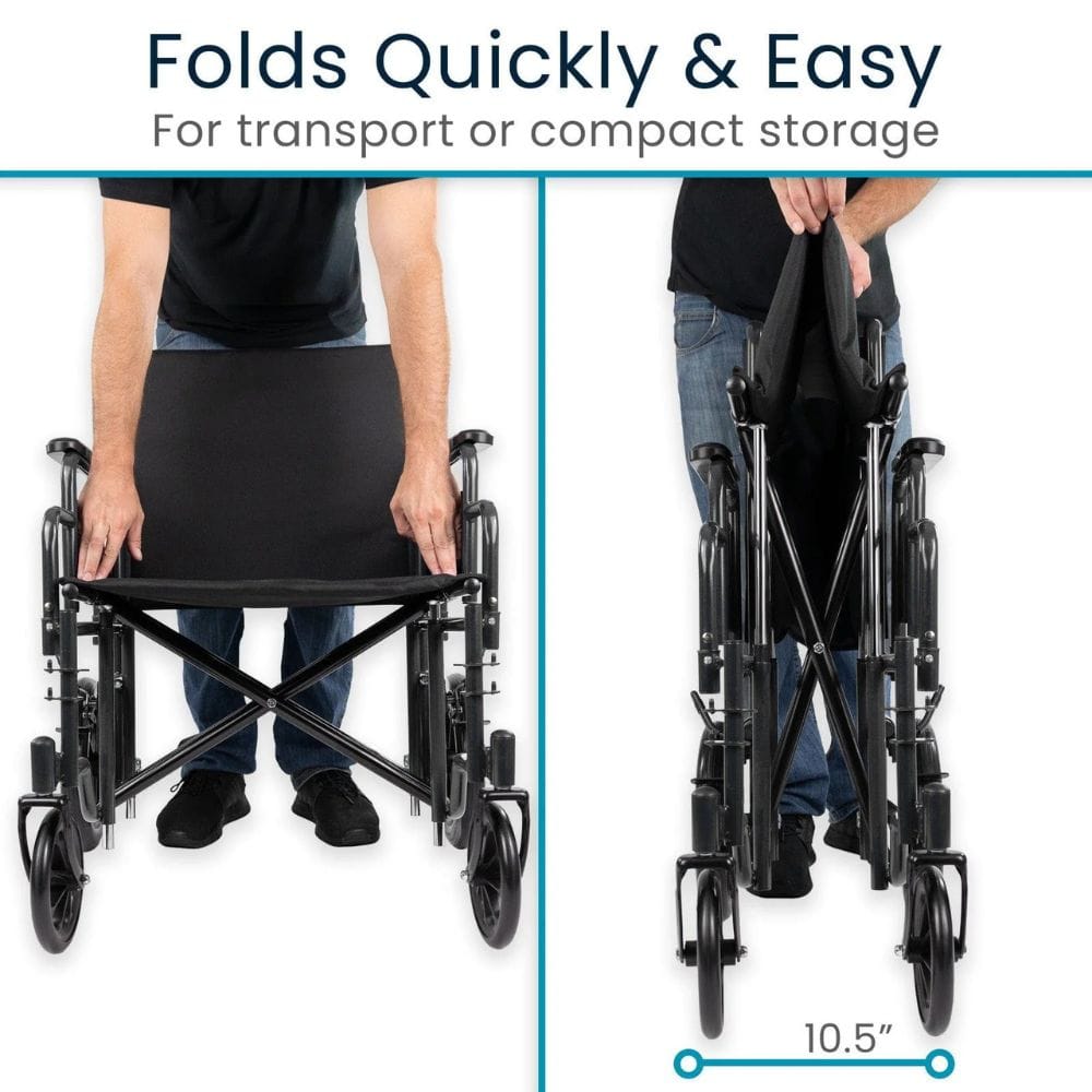 Black folding wheelchair being shown in two stages: unfolded and folded, with text indicating ease of folding.