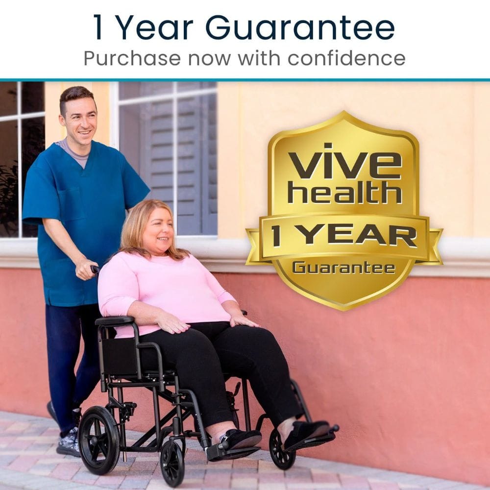 Person using a wheelchair with a caregiver, Vive Health 1 Year Guarantee badge in the background.
