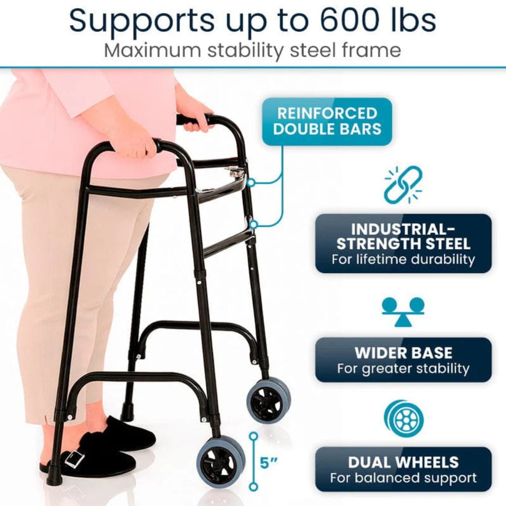 Person using a walker with text highlighting features like reinforced double bars, industrial-strength steel, wider base, and dual wheels.