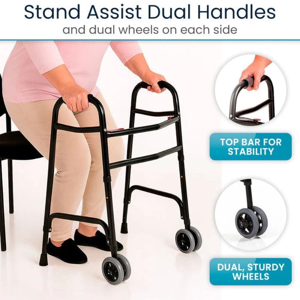 Walker with stand assist, dual handles, and wheels on a white background