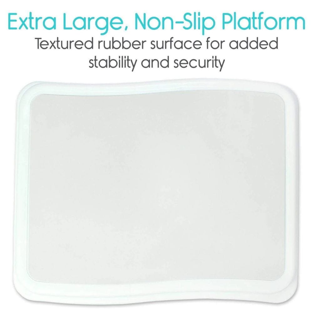 White bath mat with text highlighting its features on a white background