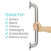 Hand holding a stainless steel grab bar with a list of uses on a white background