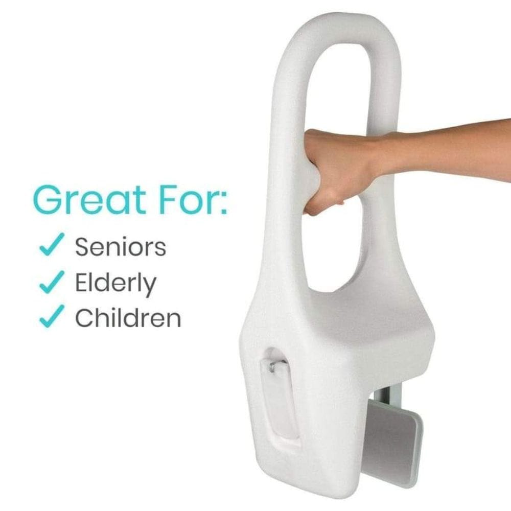 Hand holding a white stair rail with text indicating it's great for seniors, elderly, and children on a white background.