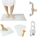 Collage of bathroom safety products including a bath mat, step stool, grab bar, and shower chair.