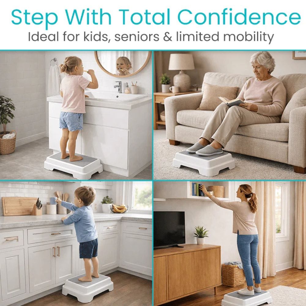 Step stool being used in various settings by kids, seniors, and limited mobility individuals.