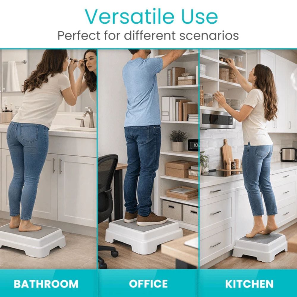 Step stools used in bathroom, office, and kitchen with text 'Versatile Use' and 'Perfect for different scenarios'.