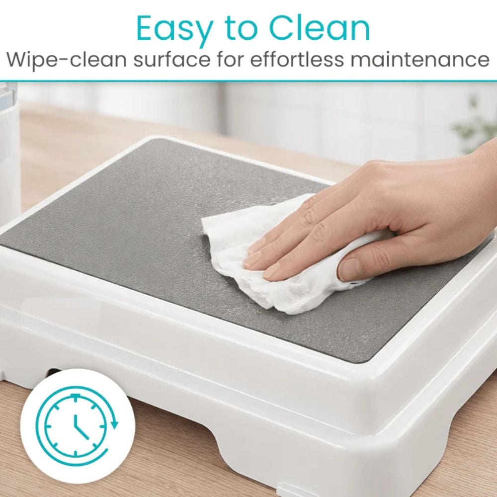 Hand cleaning a gray surface with text 'Easy to Clean' and 'Wipe-clean surface for effortless maintenance'.