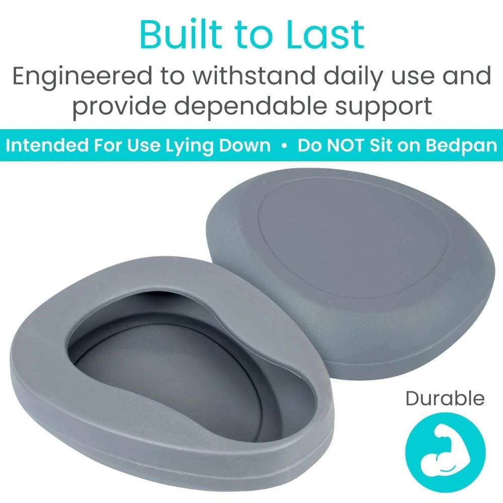 Gray bedpan with text indicating it's built to last and durable.