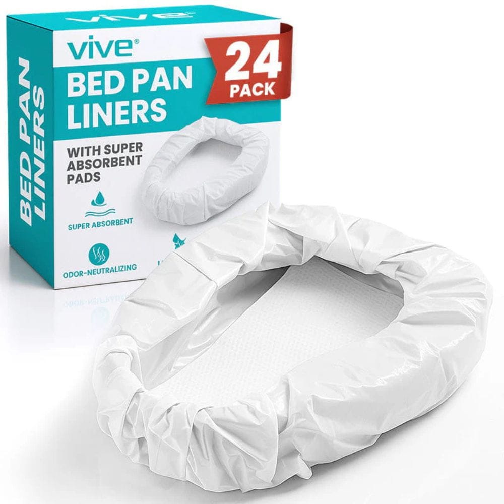 Vive bed pan liners packaging with a single liner displayed in front on a white background