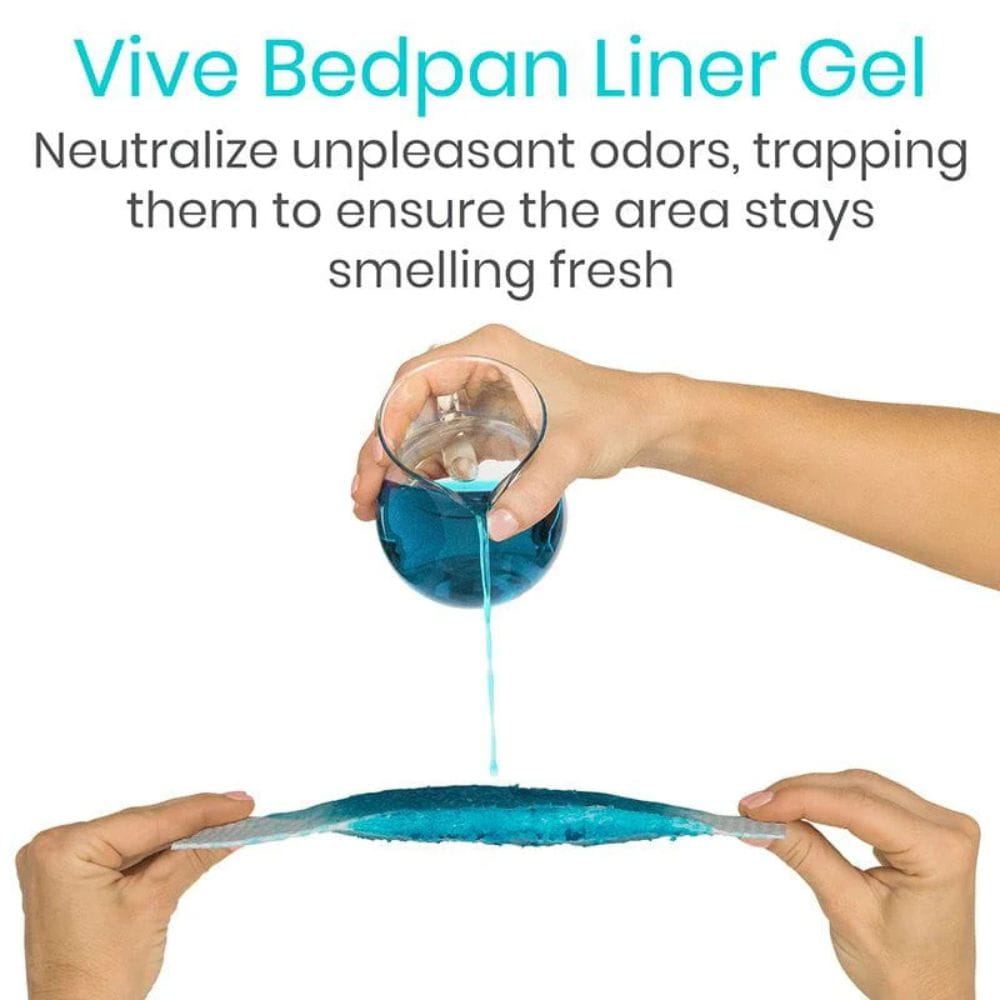 Vive Bedpan Liner Gel being applied with a glass, text indicating odor neutralization.