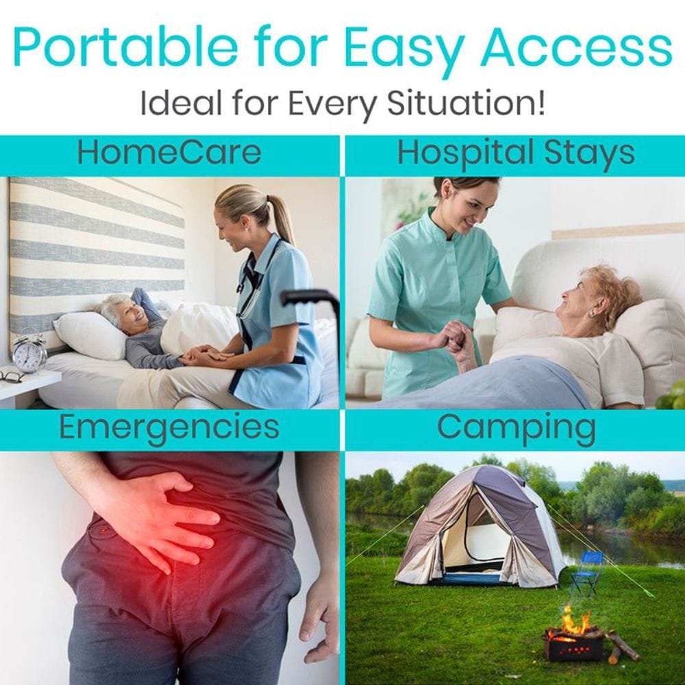 Product advertisement with images of a nurse in various settings and text highlighting its portability.