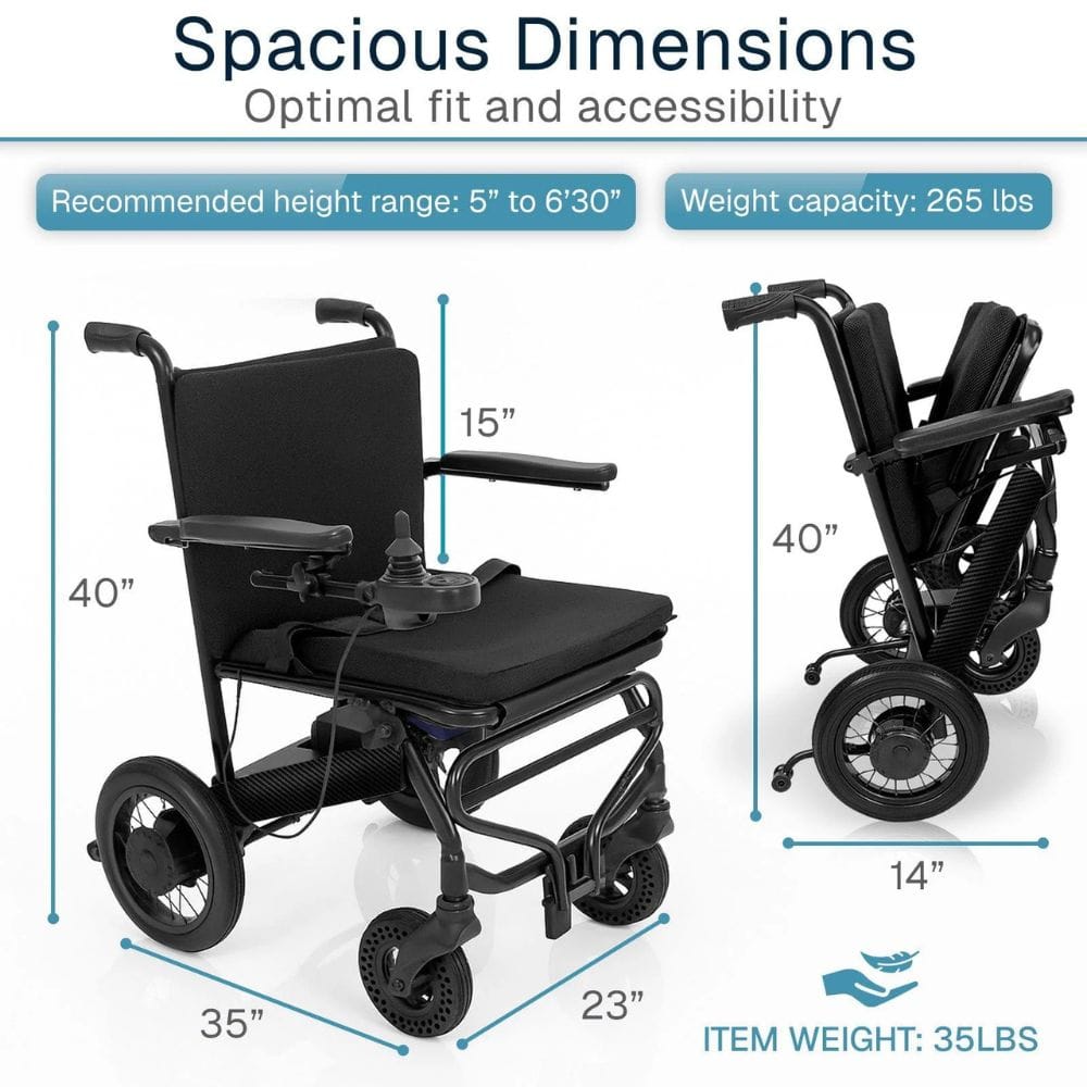 Black electric wheelchair with dimensions and weight capacity displayed on a white background