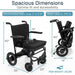 Black electric wheelchair with dimensions and weight capacity displayed on a white background