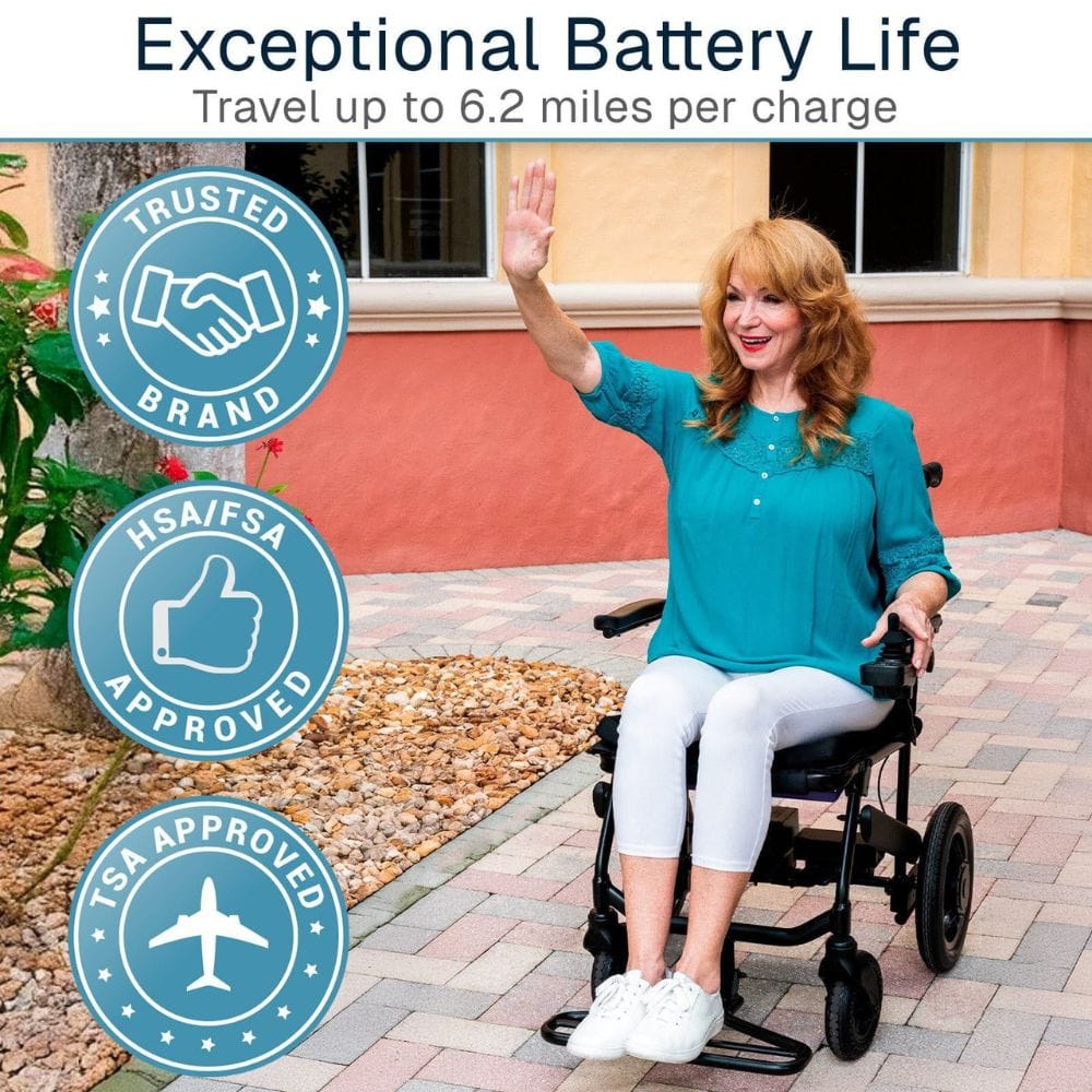 Woman using a mobility scooter with text about battery life and approvals.