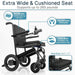 Black electric wheelchair with features highlighted on a white background