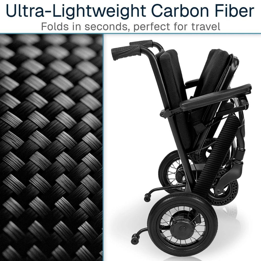 Ultra-lightweight carbon fiber wheelchair with text highlighting its features