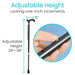 Adjustable height walking cane with measurement details on a white background