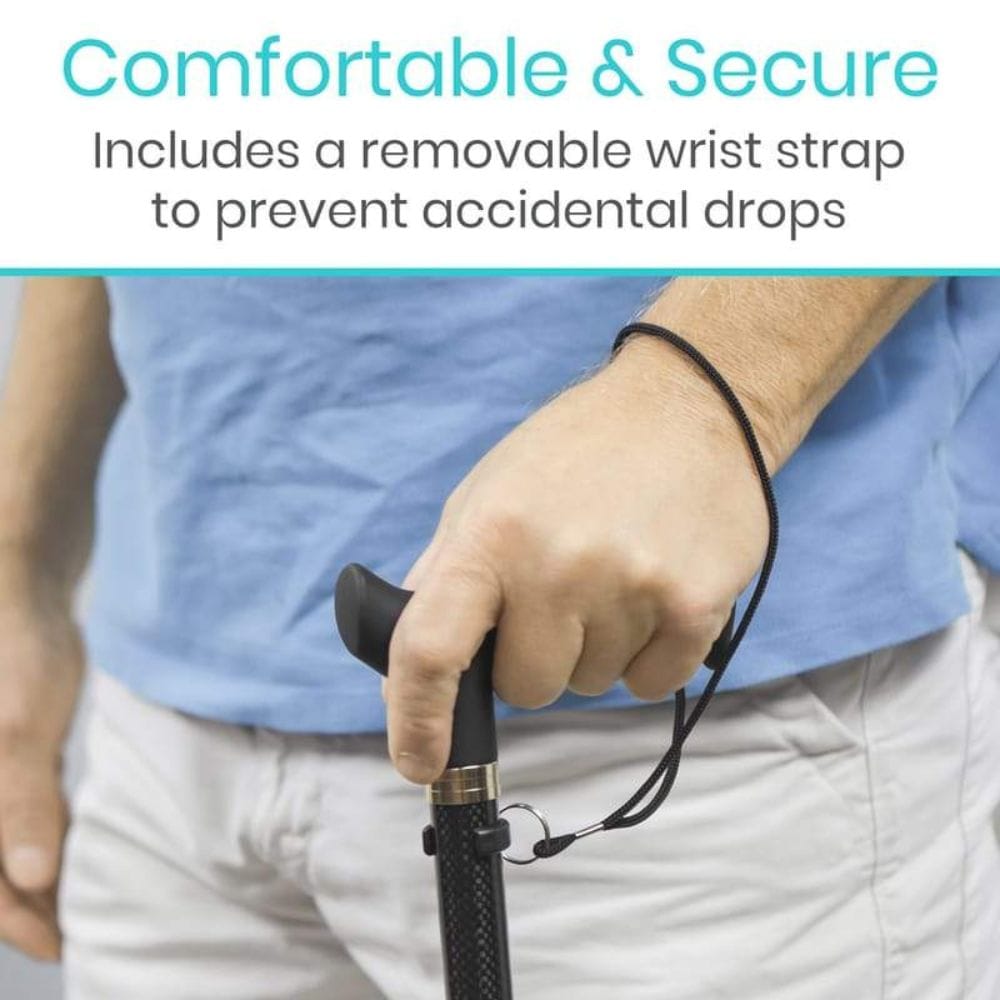 Person holding a walking stick with a removable wrist strap, text indicating comfort and security.