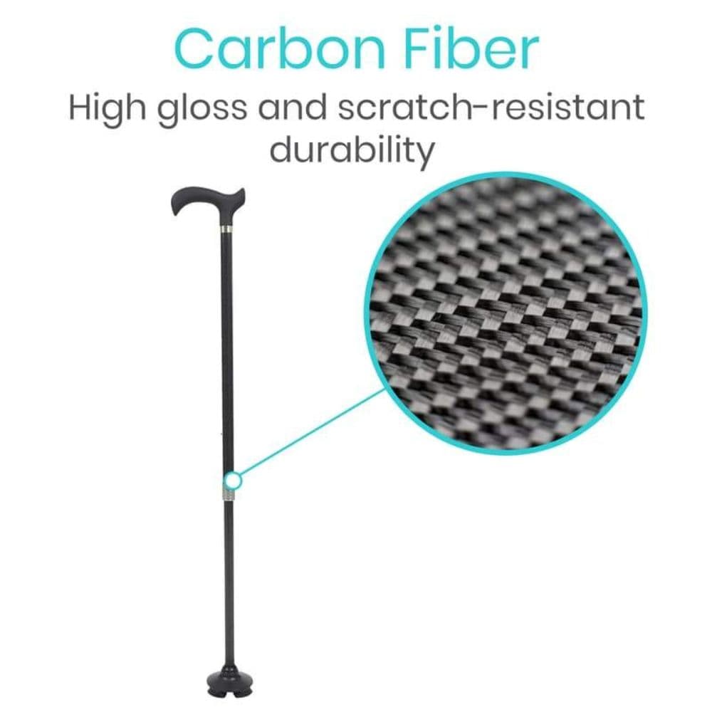 Carbon fiber walking cane with close-up of texture on a white background