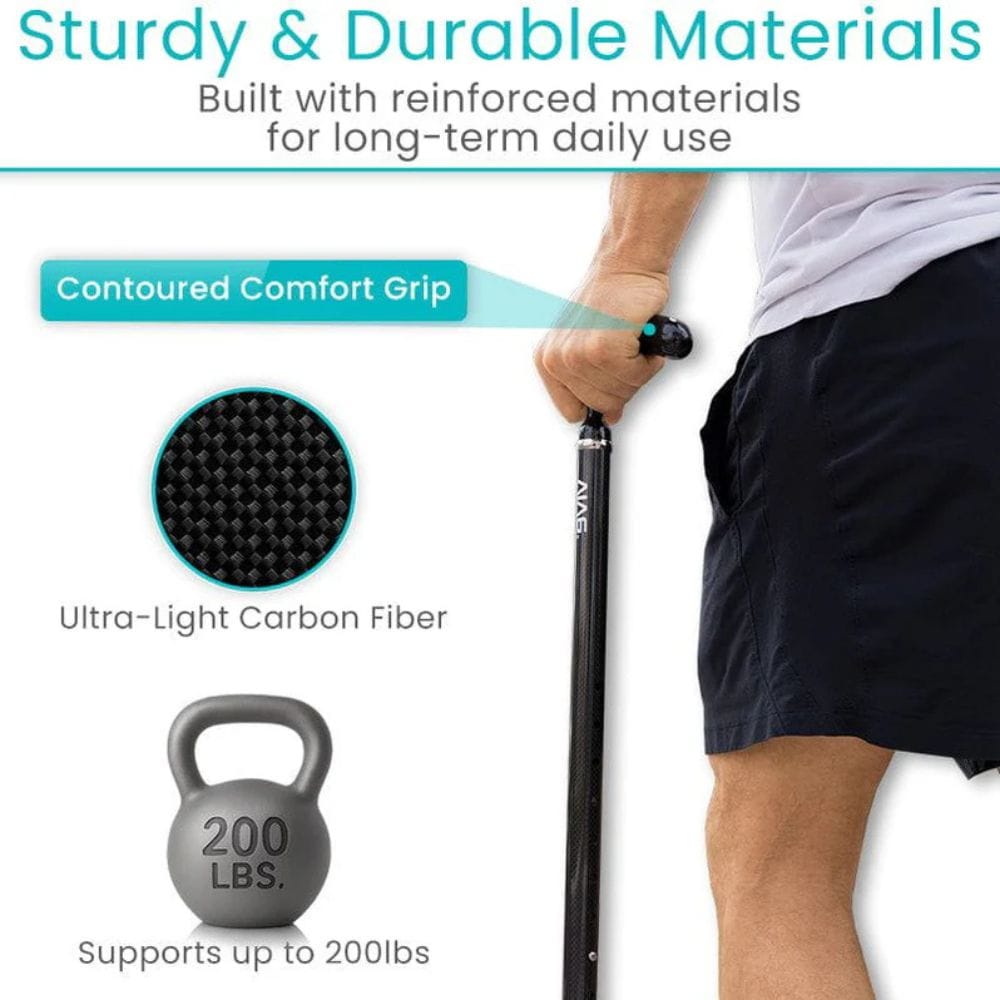 Person holding a walking stick with text about sturdiness, materials, and support capacity.